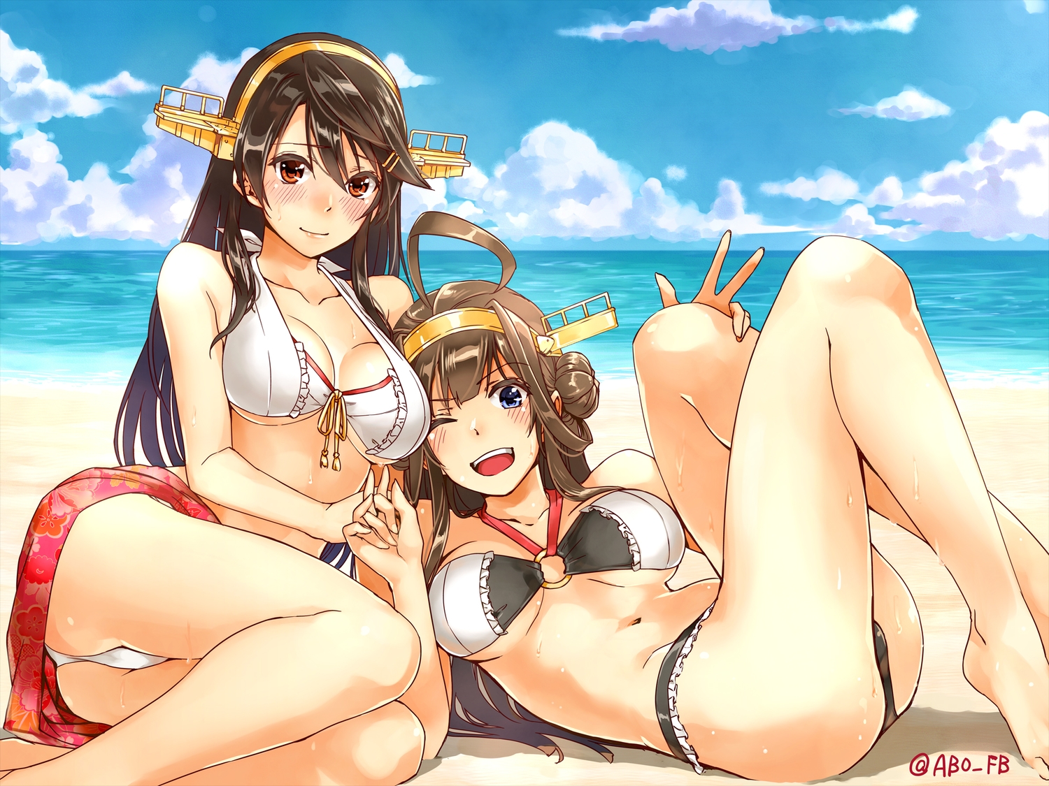 2girls, abo_(hechouchou), anthropomorphism, ass, beach, bikini, blue_eyes, blush