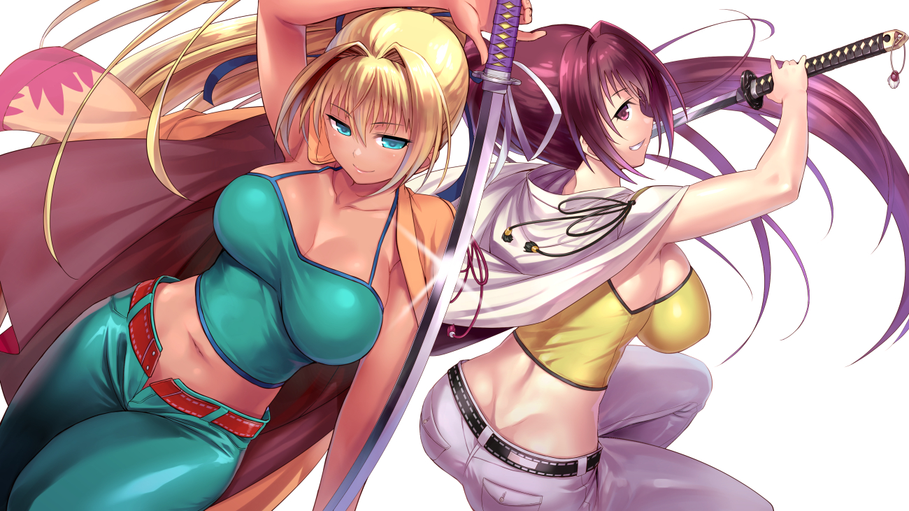 aqua_eyes, blonde_hair, breasts, brown_eyes, brown_hair, cleavage, katana, long_hair, misao_(kami_no_misoshiru), navel, ponytail, sword, tagme_(character), under_night_in-birth, weapon, yuzuriha_(under_night_in-birth)