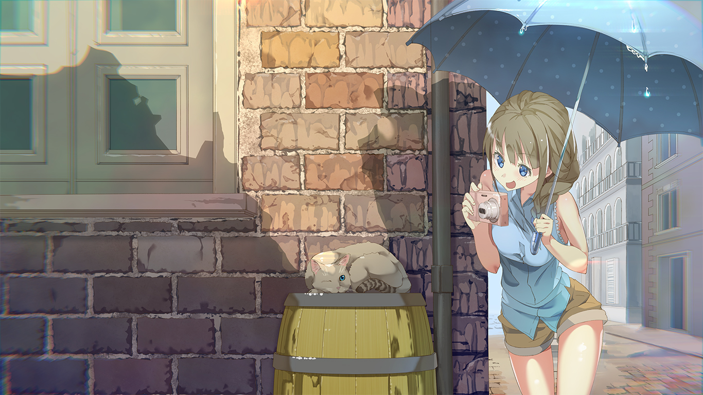 animal, building, camera, cat, city, original, shorts, tomato_(madanai_the_cat), umbrella