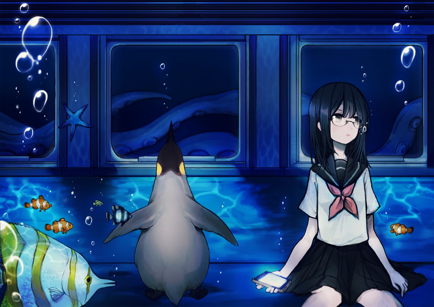 animal, bird, black_eyes, black_hair, bubbles, fish, glasses, noricopo_(nori0w0)