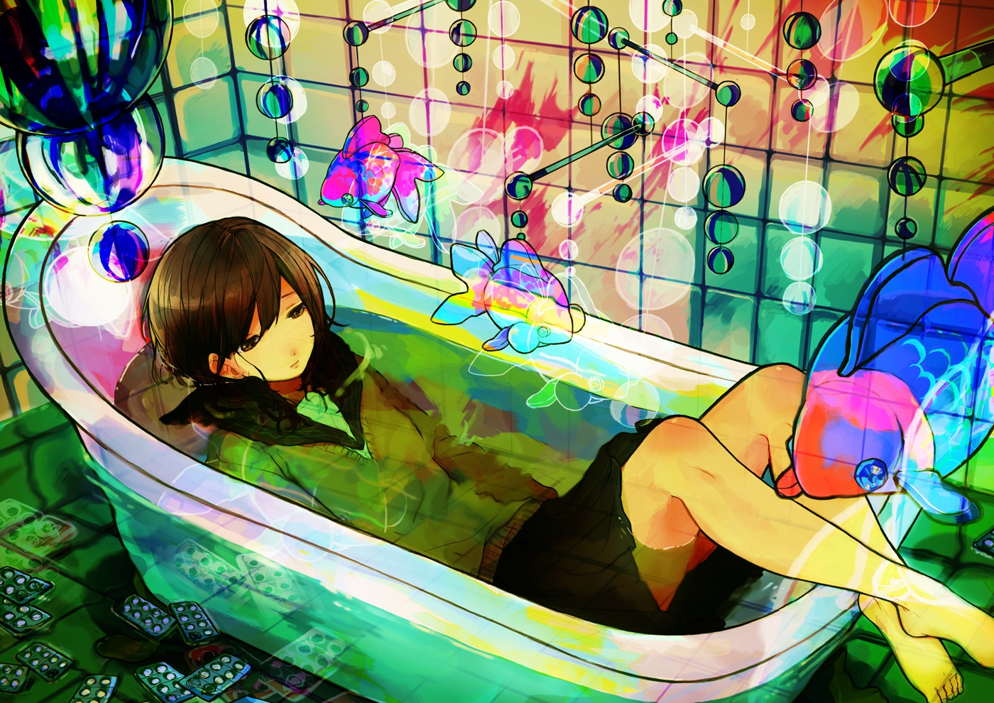 animal, barefoot, bath, bathtub, fish, green, noricopo_(nori0w0), original, school_uniform