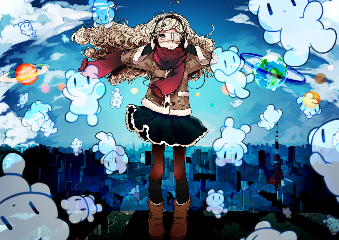 boots, building, city, eyepatch, noricopo_(nori0w0), original, planet, scarf, teddy_bear