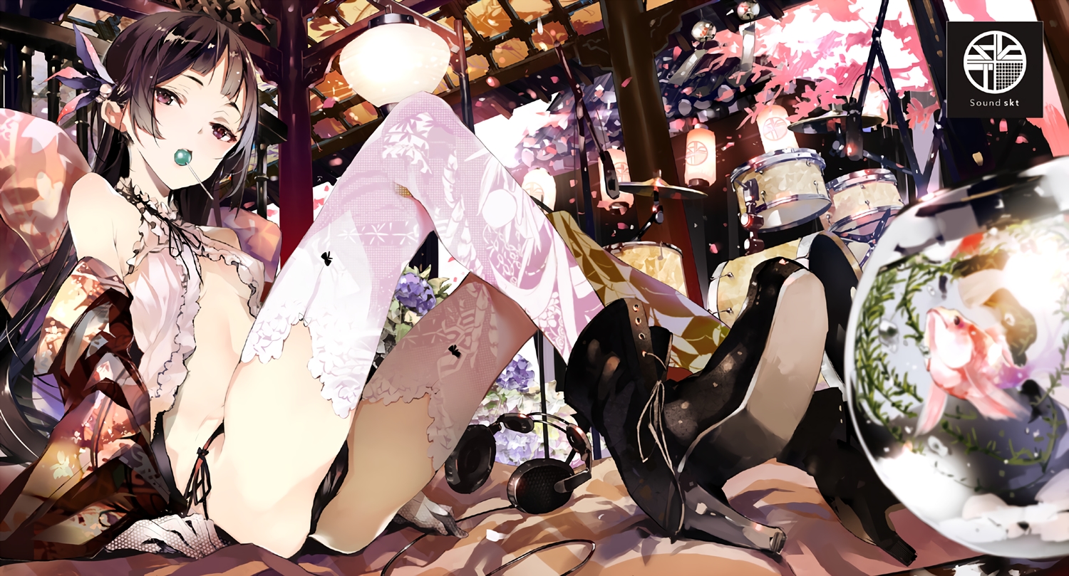animal, black_hair, boots, candy, drums, fish, gloves, headphones, instrument, lollipop, long_hair, microphone, original, panties, petals, purple_eyes, shunsei_(muratou), thighhighs, underwear, waifu2x