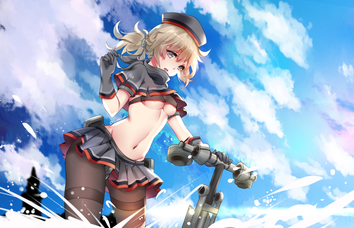 anthropomorphism, blonde_hair, breasts, clouds, hat, ju_topia, mahan_(zhanjian_shaonu), navel, pantyhose, short_hair, underboob, zhanjian_shaonu