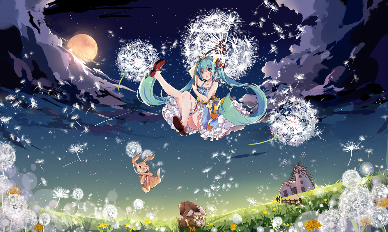 animal, aqua_eyes, aqua_hair, building, clouds, flowers, grass, hatsune_miku, hnanati, jpeg_artifacts, long_hair, moon, night, rabbit, scenic, stars, twintails, vocaloid, windmill