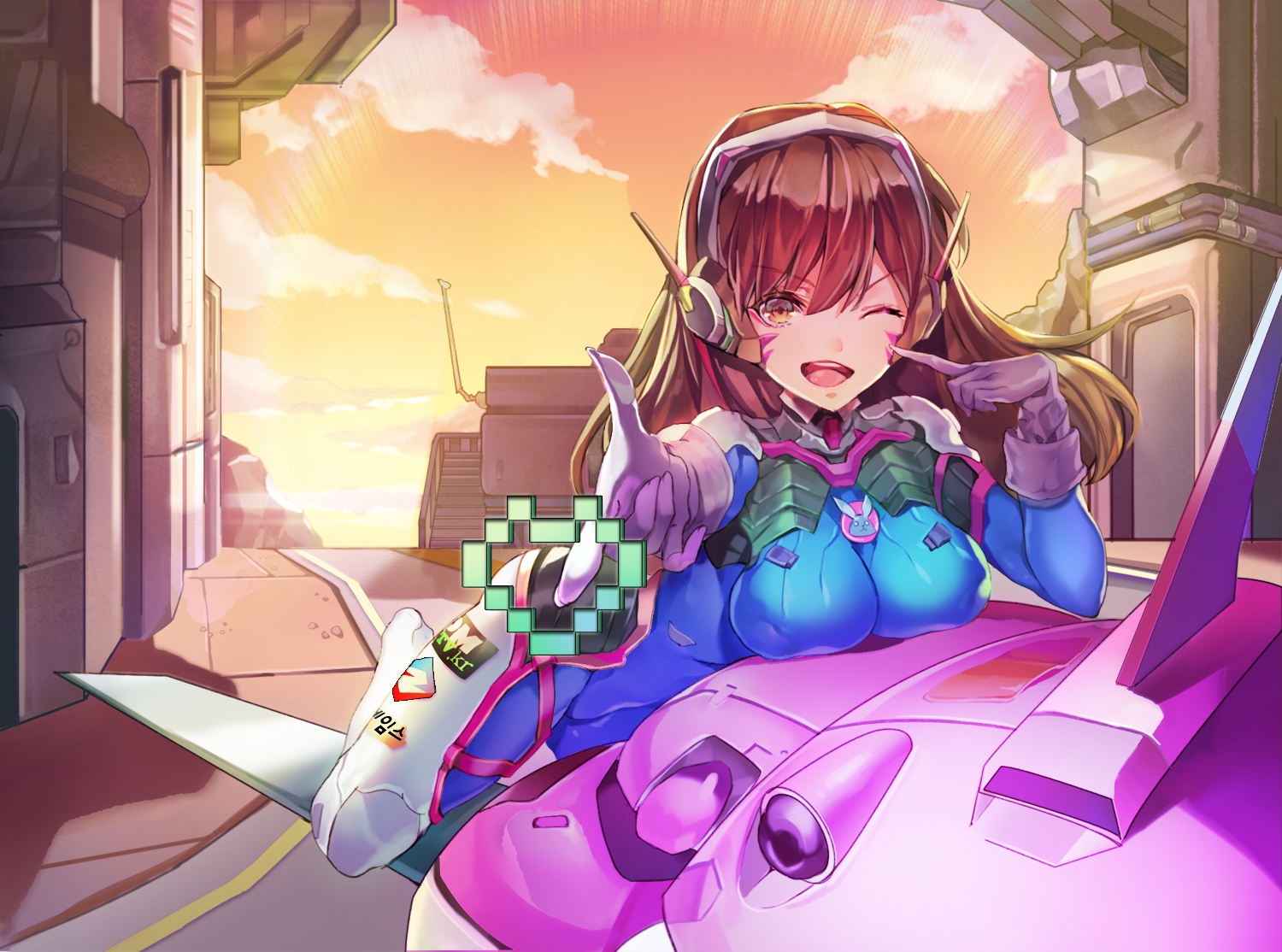 bodysuit, breasts, brown_eyes, brown_hair, d.va, headphones, naeun_(pinky1866), overwatch, skintight, wink