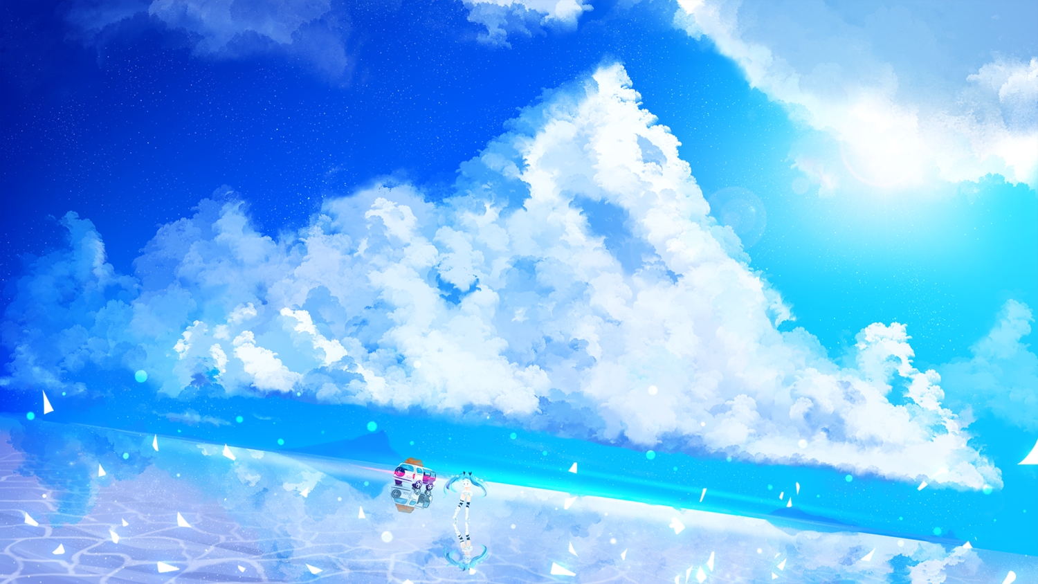 blue_hair, car, clouds, daydream_(zhdkffk21), hatsune_miku, long_hair, reflection, scenic, skirt, sky, thighhighs, twintails, vocaloid, water, zettai_ryouiki