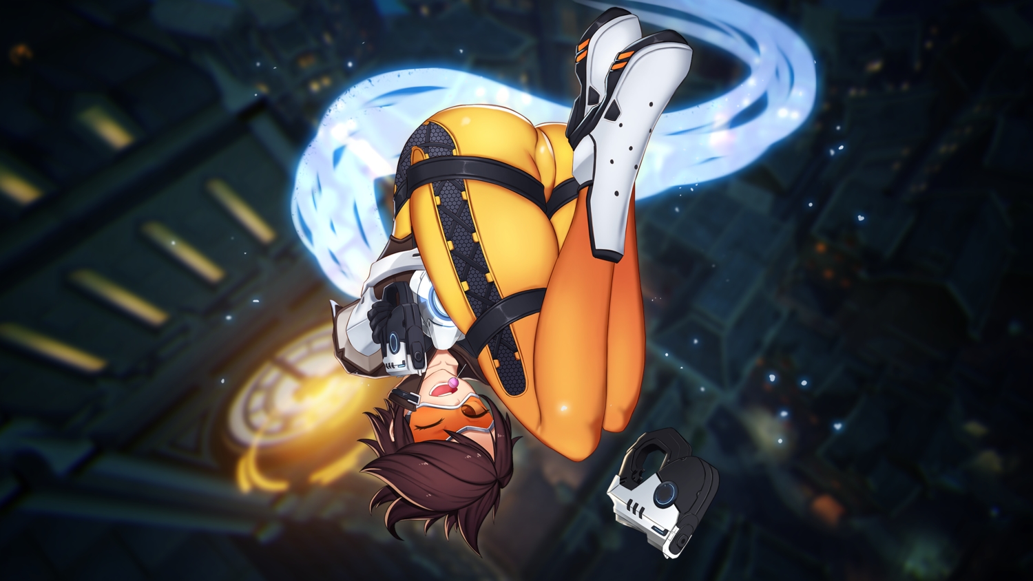 bodysuit, boots, brown_eyes, brown_hair, candy, daydream_(zhdkffk21), lollipop, overwatch, short_hair, tracer
