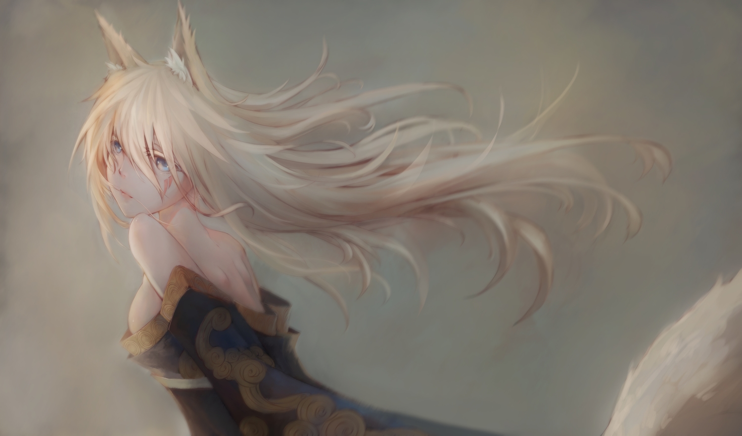 animal_ears, blue_eyes, breasts, foxgirl, japanese_clothes, long_hair, original, tail, white_hair, yukineko