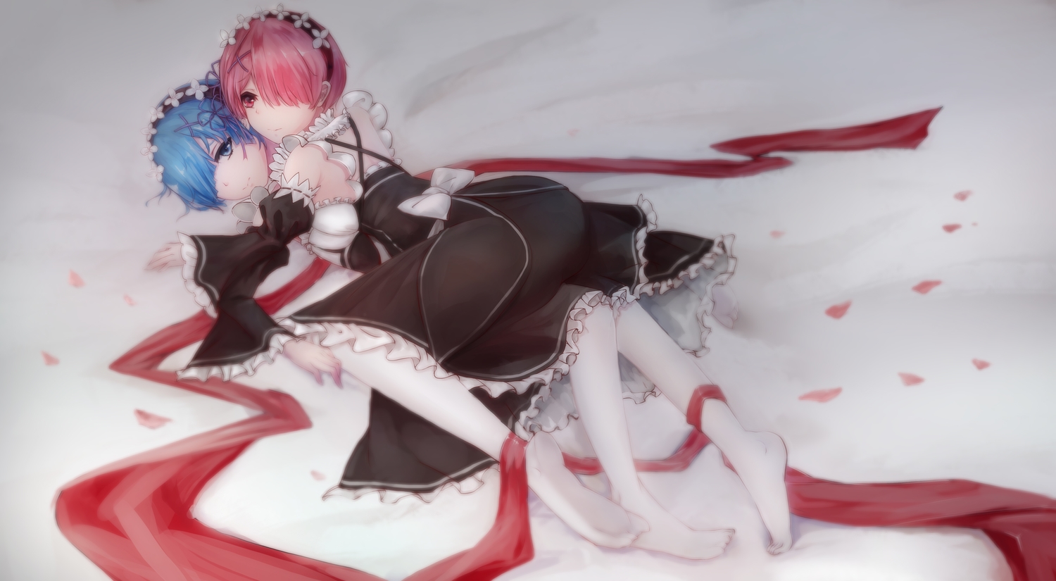 blue_eyes, blue_hair, headdress, maid, pantyhose, pink_eyes, pink_hair, ram_(re:zero), rem_(re:zero), re:zero_kara_hajimeru_isekai_seikatsu, short_hair, shoujo_ai, twins, yukineko
