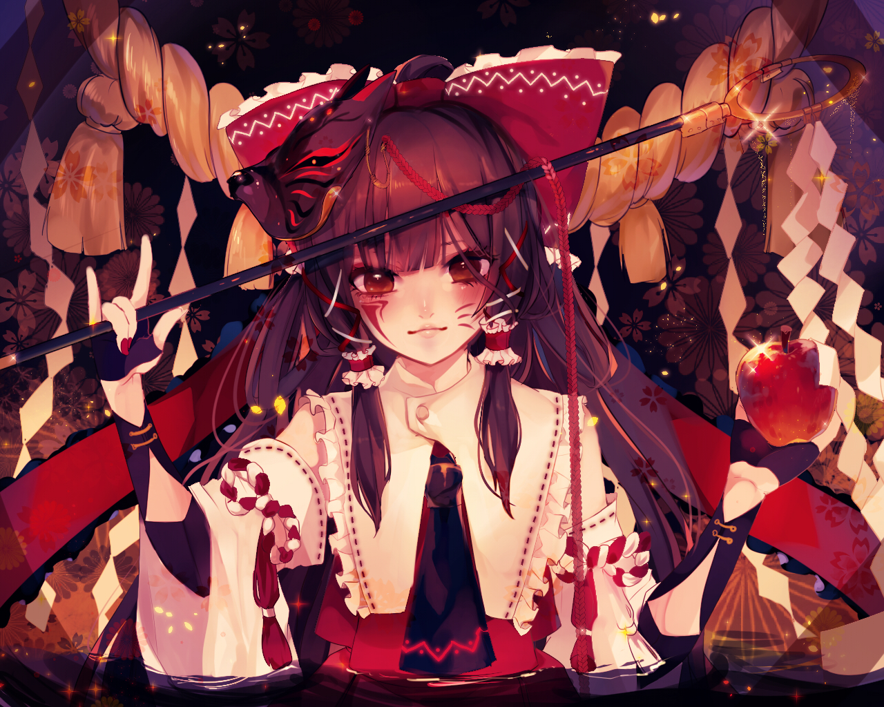 aliasing, apple, blush, bow, brown_eyes, brown_hair, daimaou_ruaeru, food, fruit, hakurei_reimu, japanese_clothes, long_hair, miko, rope, staff, touhou