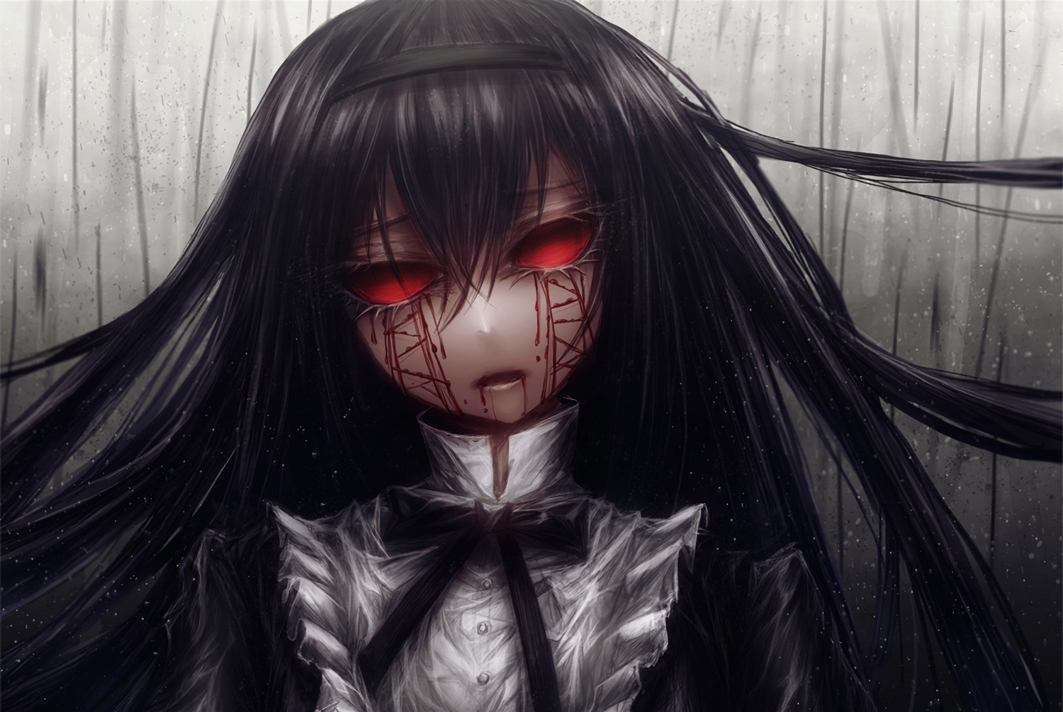 akemi_homura, black_hair, blood, close, gothic, goth-loli, headband, homulilly, lastdark, lolita_fashion, long_hair, mahou_shoujo_madoka_magica, red_eyes, tie, waifu2x