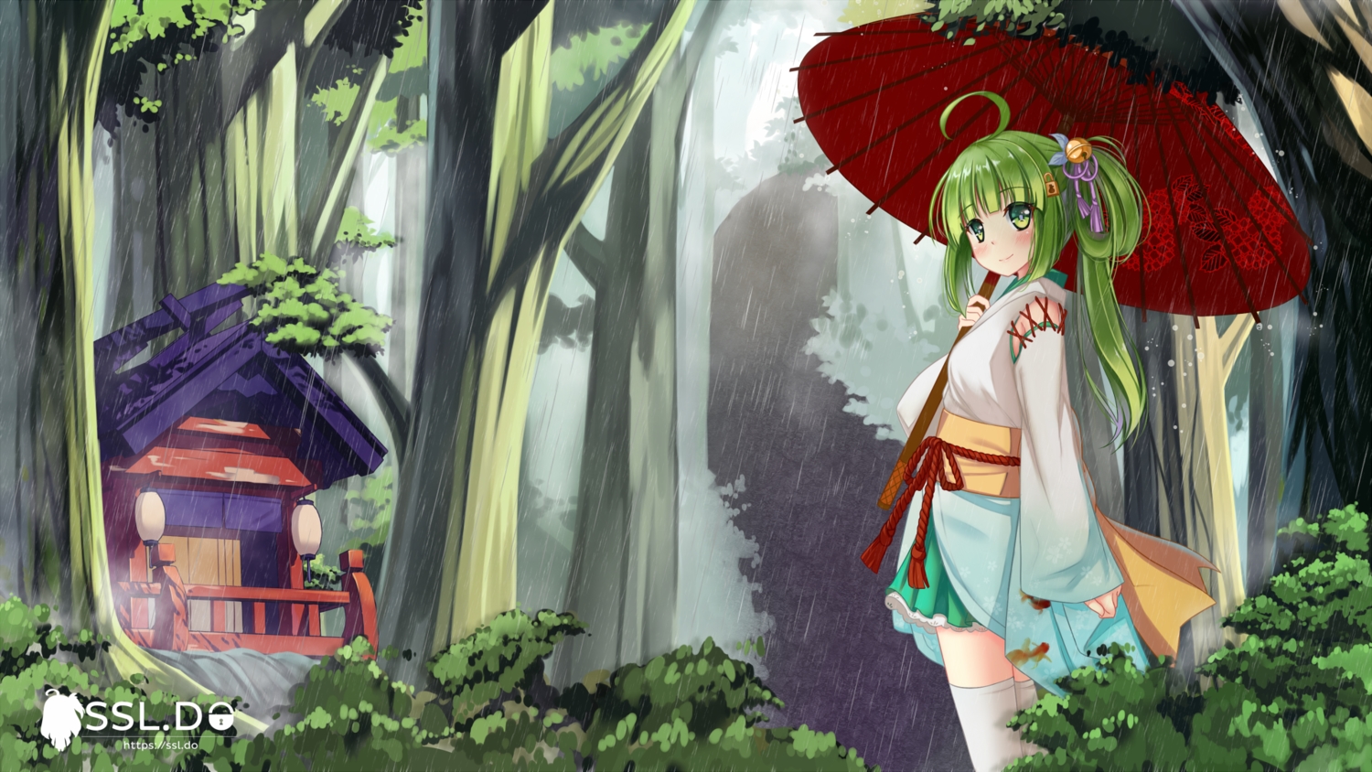 building, forest, green, green_eyes, green_hair, japanese_clothes, long_hair, manatsu_riko