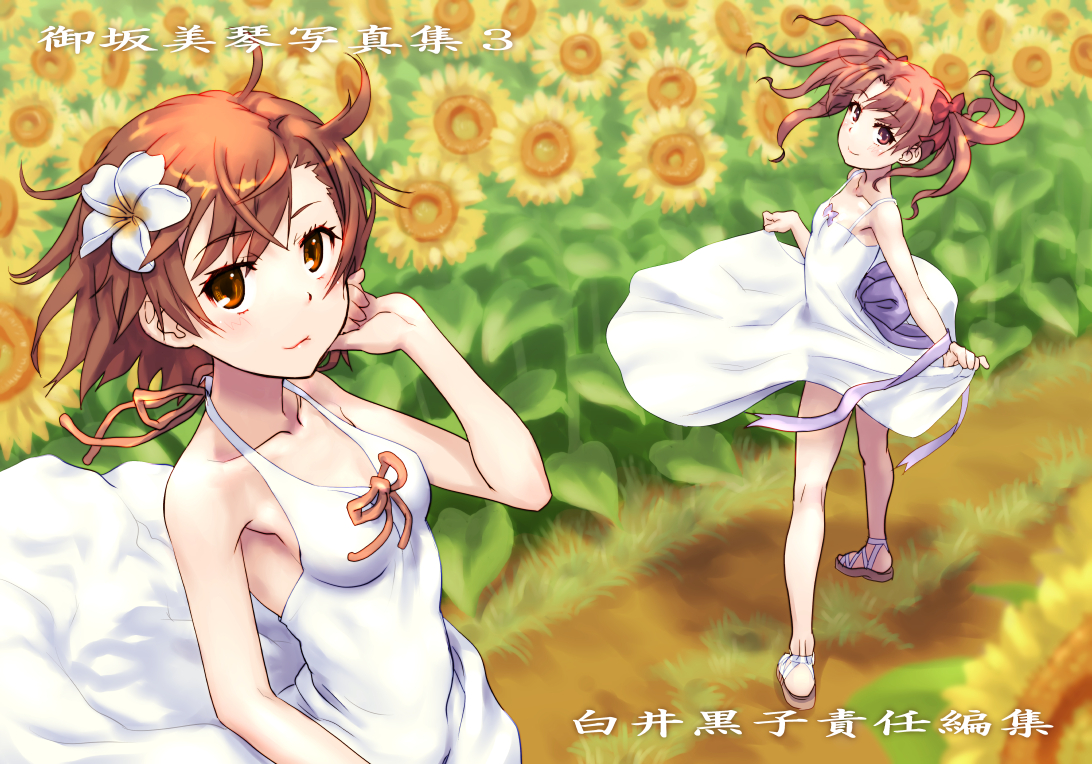2girls, dress, flowers, misaka_mikoto, raika9, shirai_kuroko, summer_dress, sunflower