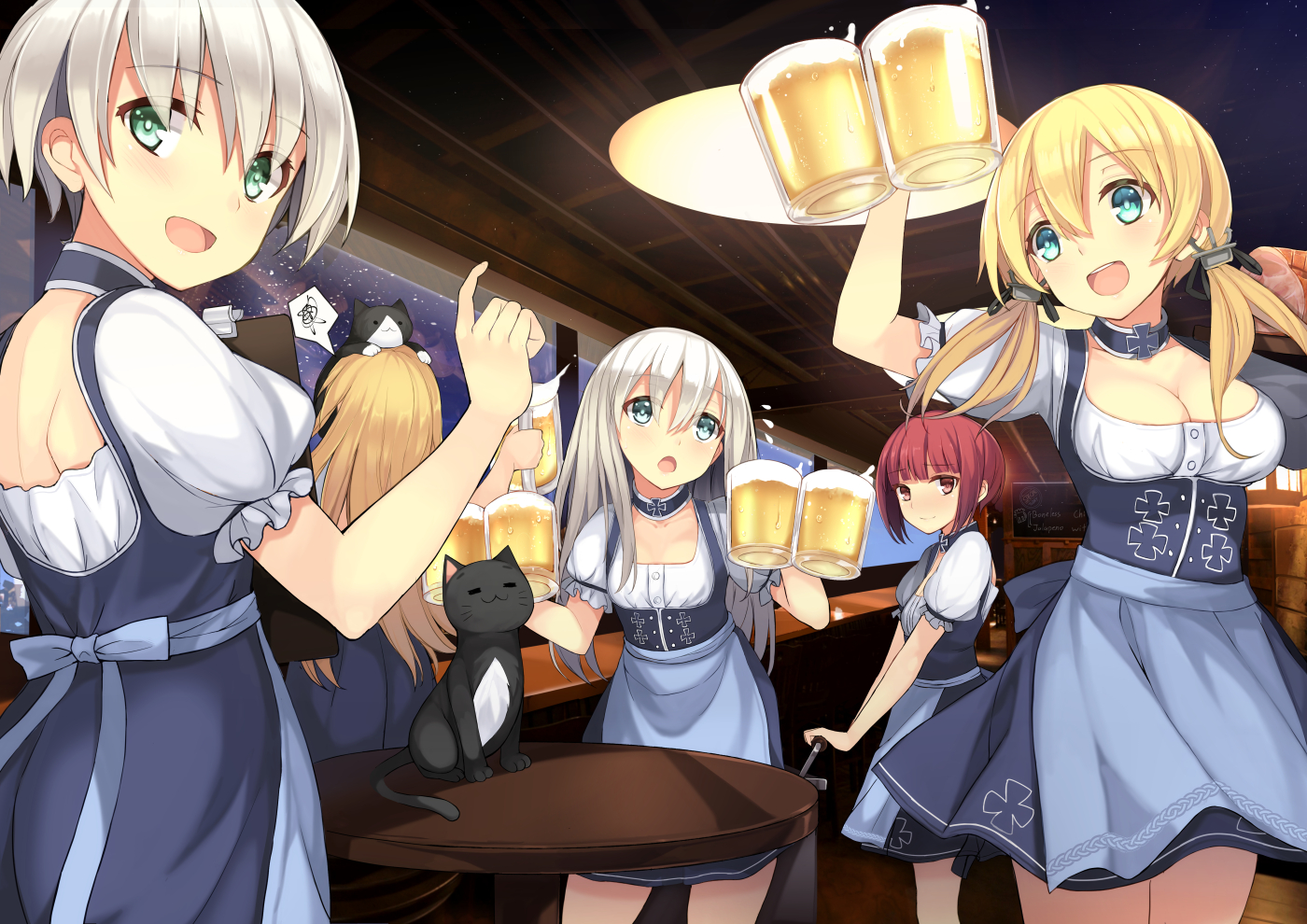 animal, anthropomorphism, bismarck_(kancolle), blonde_hair, blue_eyes, blush, breasts, cat