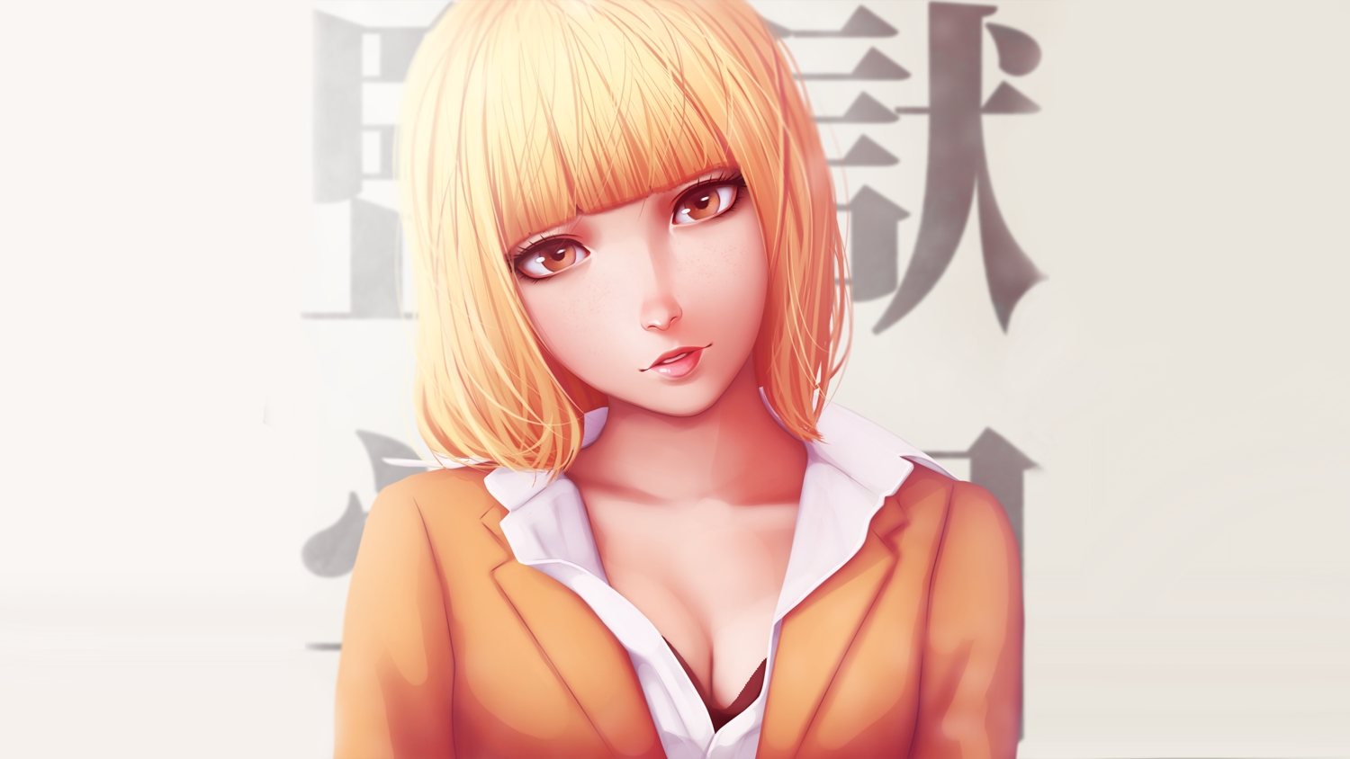 blonde_hair, bra, breasts, brown_eyes, cleavage, close, gray, kangoku_gakuen