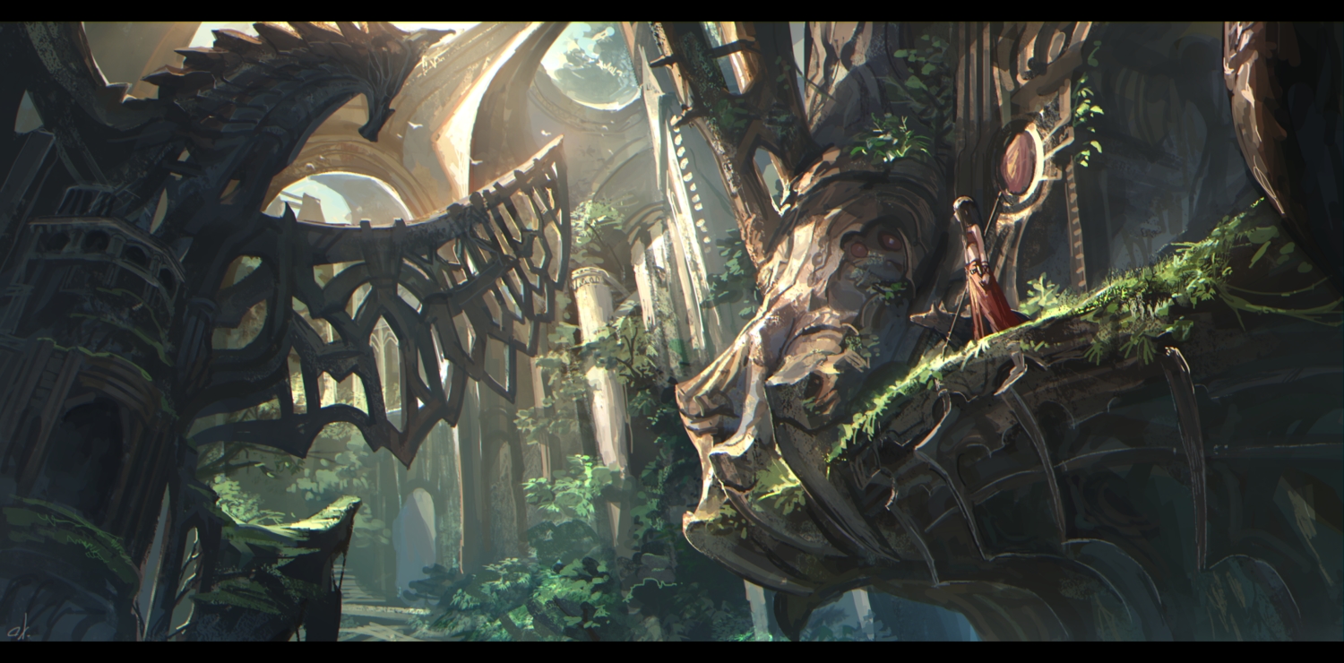 animal, building, grass, long_hair, original, ox_(baallore), ruins, scenic