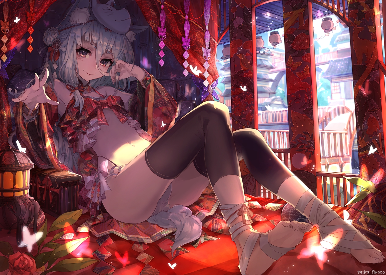 animal, animal_ears, bandage, barefoot, building, butterfly, flowers, foxgirl, gray_eyes, gray_hair, long_hair, mask, mika_pikazo, navel, original, rose, signed, tail
