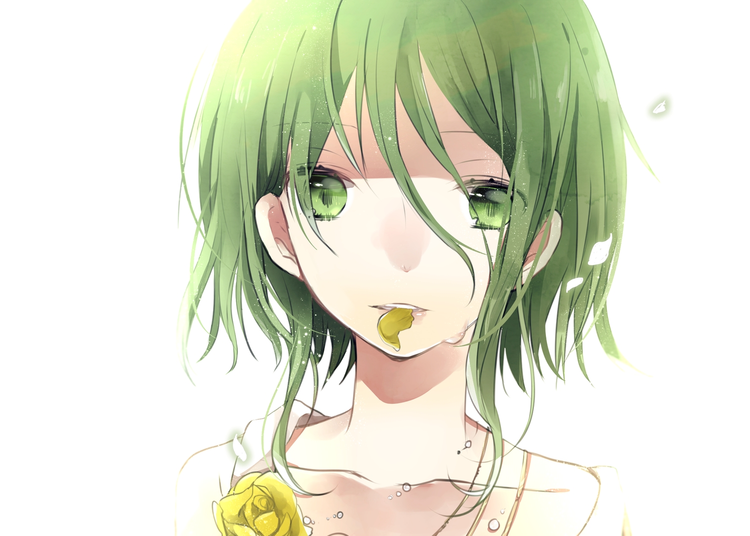 flowers, green_hair, gumi, hachimitsu_honey, petals, short_hair, vocaloid