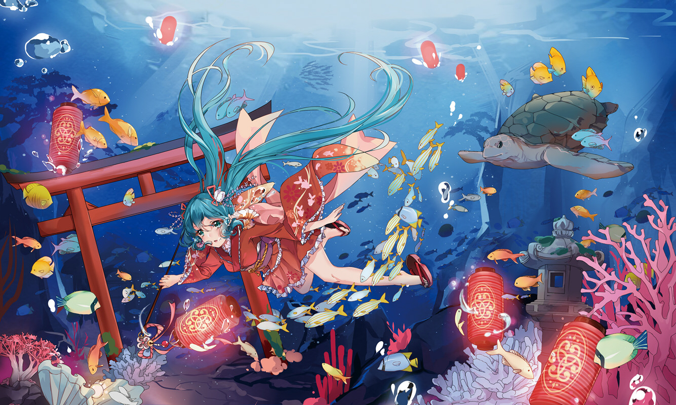 animal, aqua_eyes, aqua_hair, bubbles, fish, hatsune_miku, hnanati, japanese_clothes