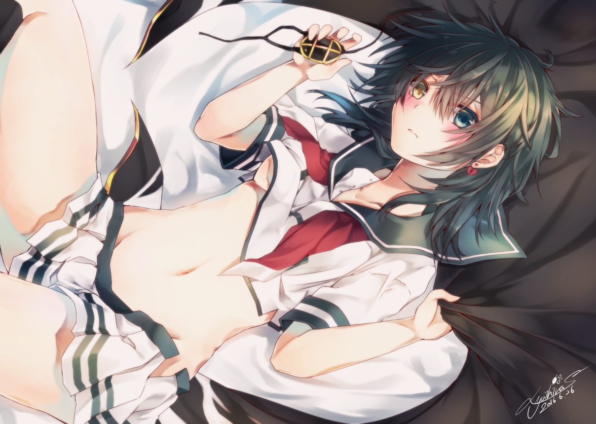anthropomorphism, bed, bicolored_eyes, eyepatch, kantai_collection, kiso_(kancolle), navel, nopan, school_uniform, short_hair, signed, skirt, yuihira_asu
