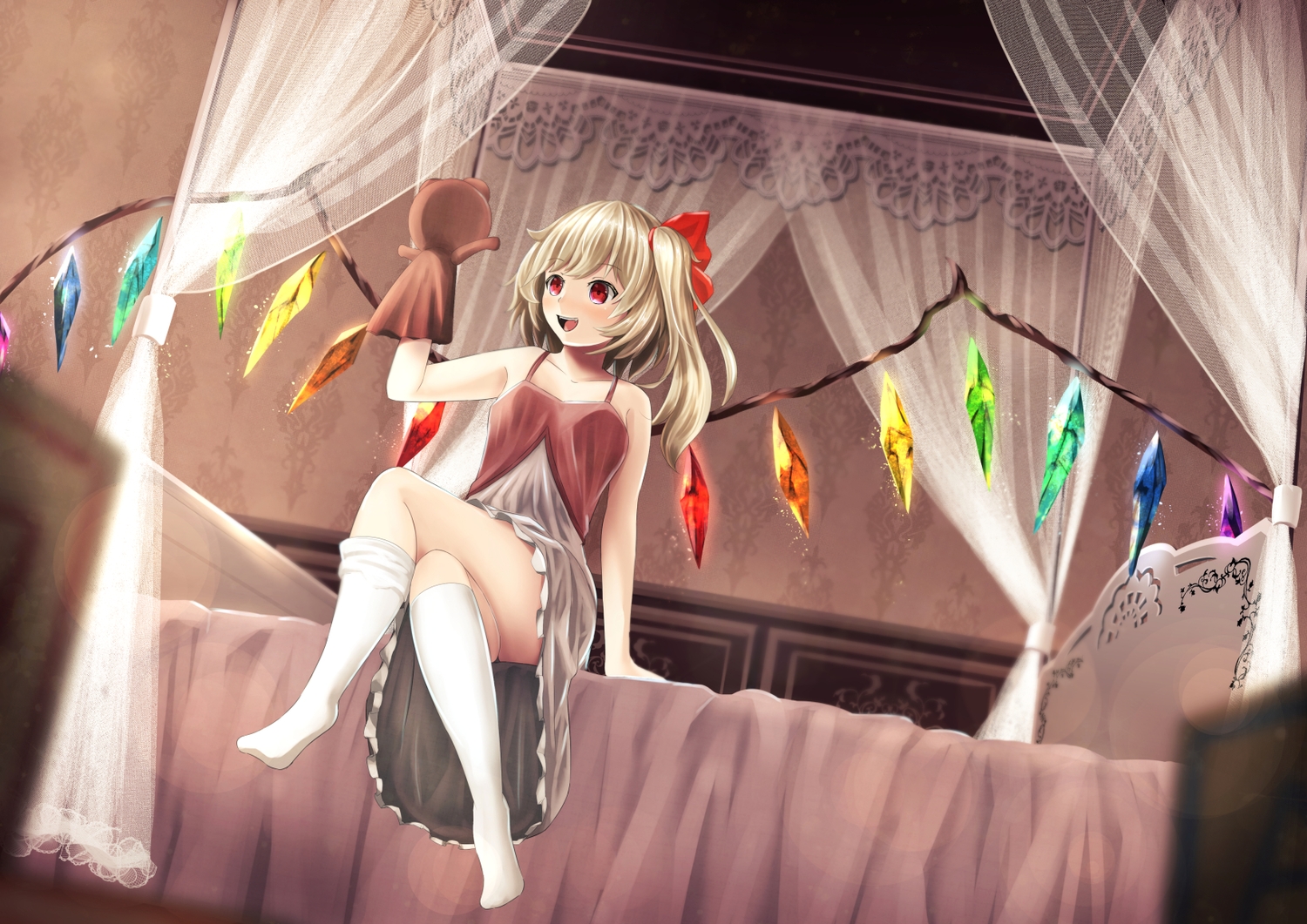 bed, blonde_hair, blush, doll, flandre_scarlet, kneehighs, puppet, red_eyes