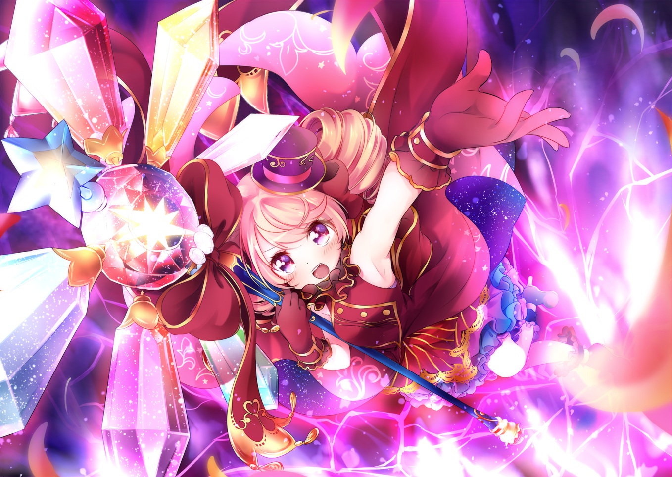blonde_hair, blush, bow, gloves, hat, kofa_(ikyurima), luciko_(otoca_d'or), magic, otoca_d'or, purple_eyes, skirt, staff, twintails
