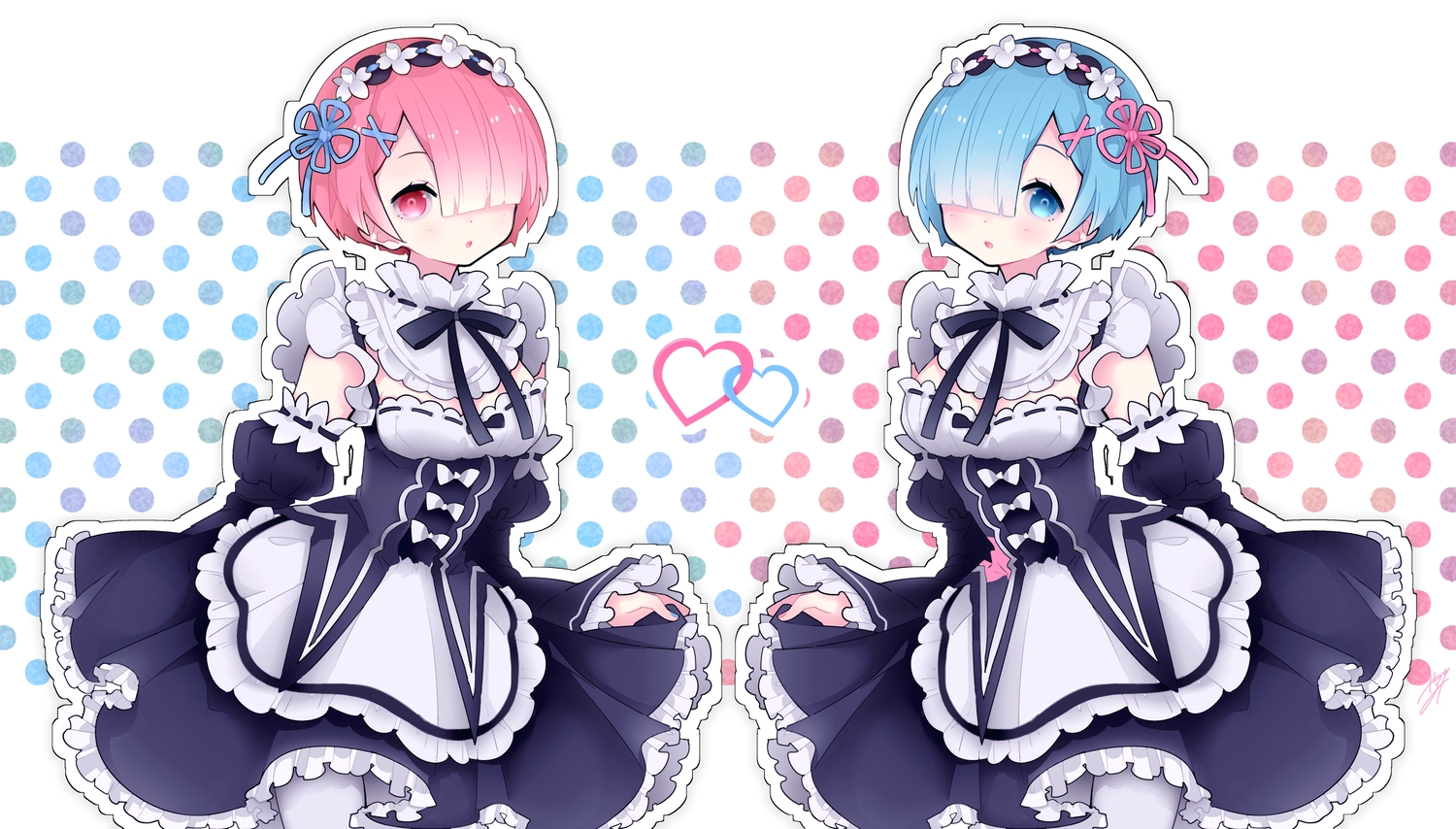 2girls, apron, aqua_eyes, aqua_hair, blush, collar, headdress, maid, pink_eyes, pink_hair, ram_(re:zero), rem_(re:zero), re:zero_kara_hajimeru_isekai_seikatsu, ribbons, short_hair, skirt_lift, tsubaki_tsubaru, twins, uniform
