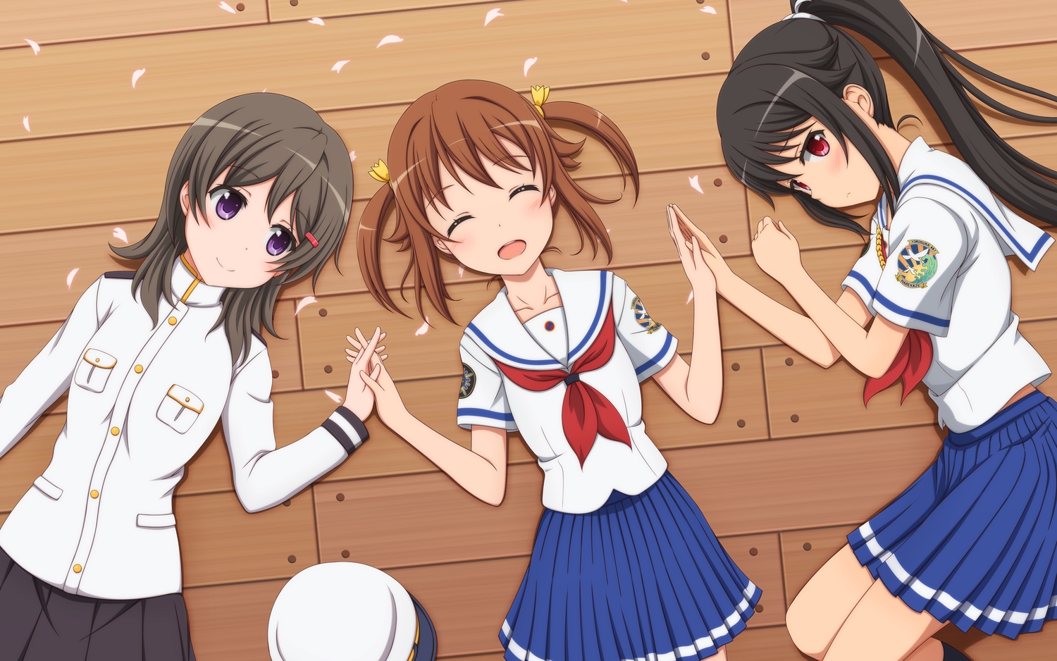 black_hair, blush, brown_hair, china_moeka, hat, high_school_fleet, kneehighs, military