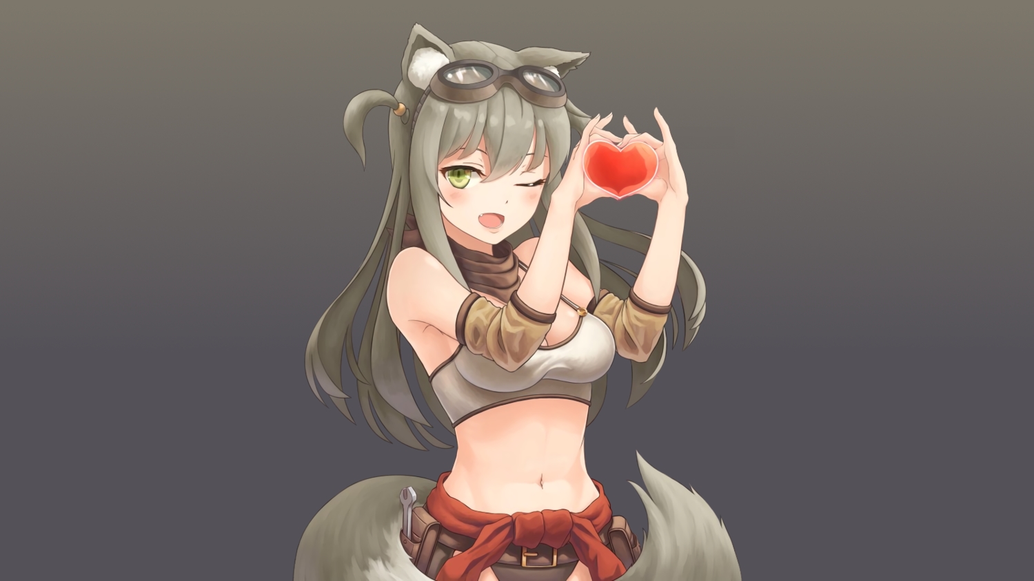 anidante, animal_ears, foxgirl, goggles, gradient, gray_hair, green_eyes, heart, lily_(lost_pause), navel, original, sports_bra, tail, third-party_edit, wink