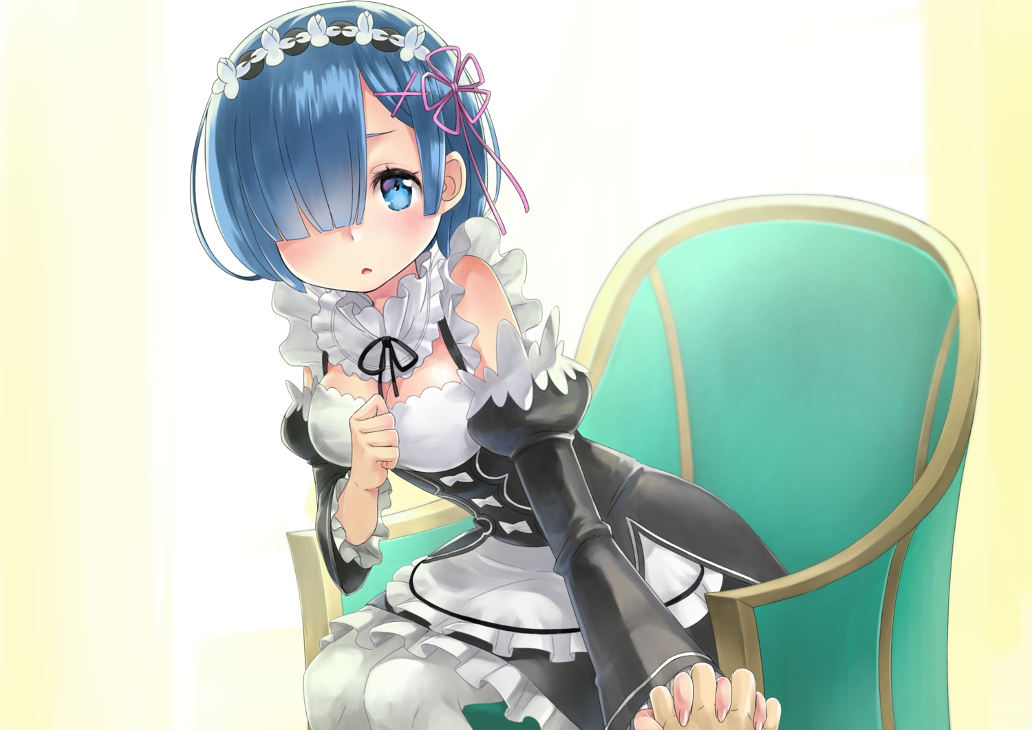 apron, blue_eyes, blue_hair, blush, breasts, cleavage, headdress, maid