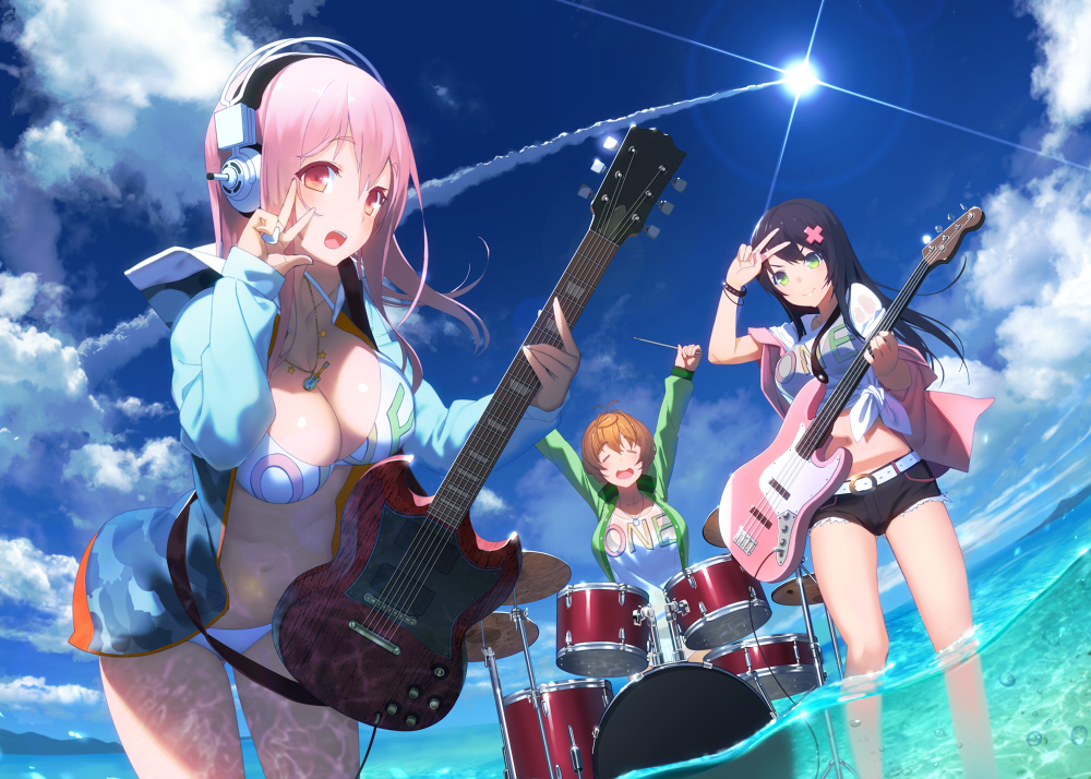bass, bikini, black_hair, blush, breasts, brown_hair, bubbles, clouds