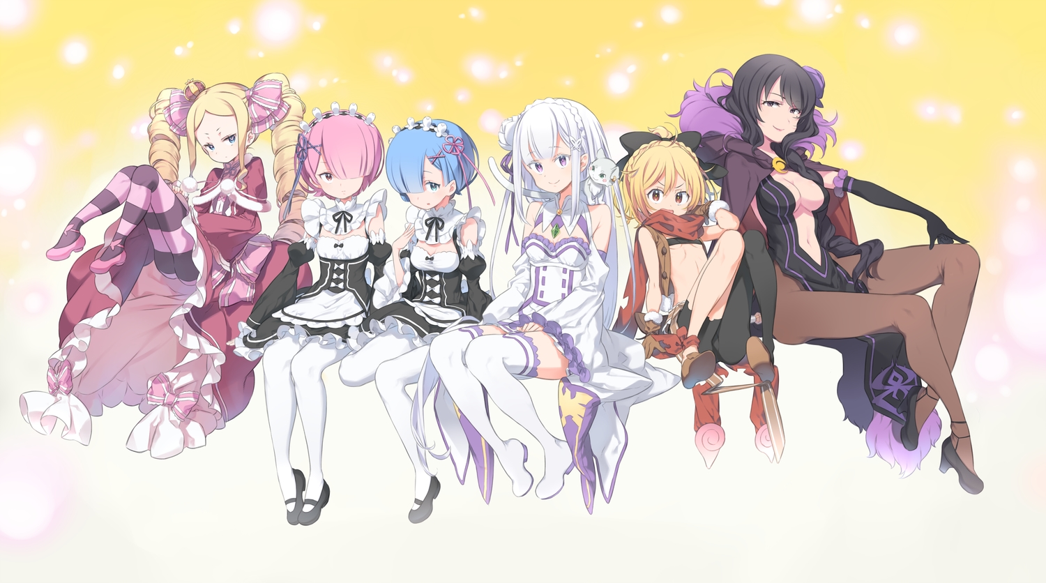 amana_(pocketkey), animal, aqua_eyes, aqua_hair, beatrice_(re:zero), black_hair, blonde_hair, blue_eyes, breasts, cat, cleavage, collar, dress, elbow_gloves, elsa_granhilte, emilia_(re:zero), felt_(re:zero), flat_chest, gloves, gradient, group, headdress, hood, loli, long_hair, maid, orange_eyes, pantyhose, pink_eyes, pink_hair, puck, purple_eyes, ram_(re:zero), rem_(re:zero), re:zero_kara_hajimeru_isekai_seikatsu, sarashi, scarf, short_hair, stockings, thighhighs, twins, twintails, underboob, underwear, uniform, white_hair, zettai_ryouiki