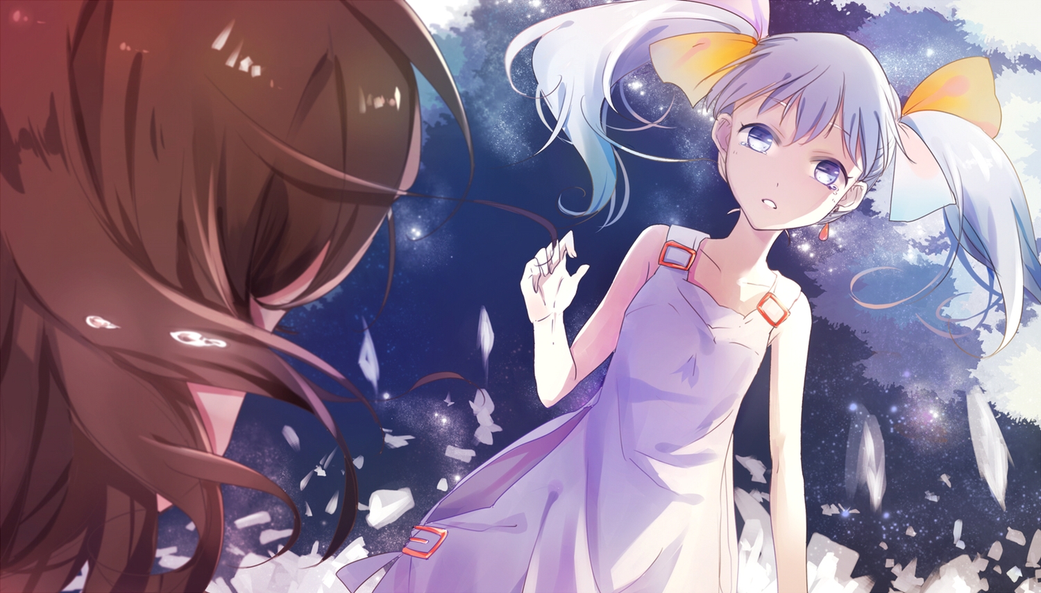 2girls, bow, brown_hair, dress, long_hair, purple_eyes, summer_dress, tagme_(character), tama_(wixoss), twintails, white_hair, wixoss, yuxia_xianyin