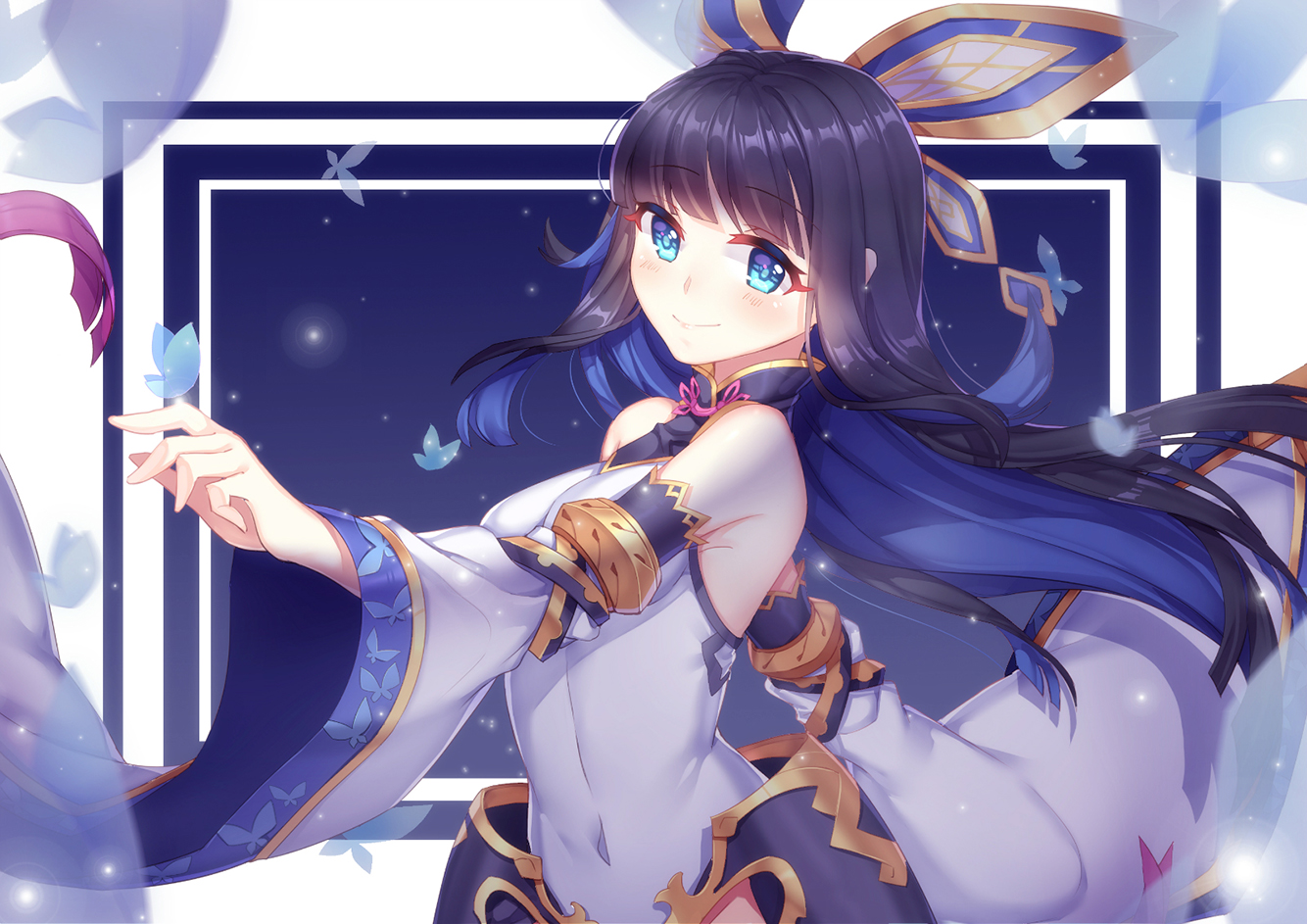 animal, armor, black_hair, blue_eyes, blush, butterfly, kan_(rainconan), navel