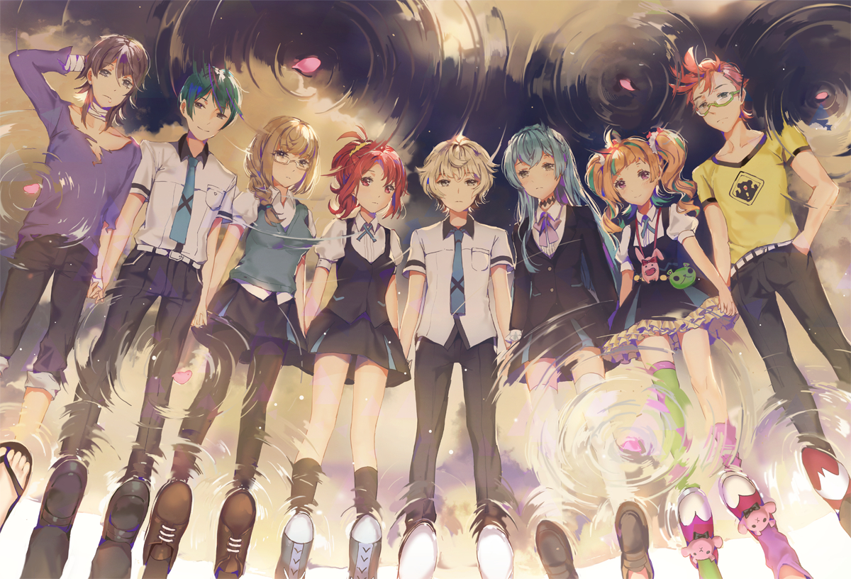 agata_katsuhira, dangmill, group, hisomu_yoshiharu, kiznaiver, maki_honoka, male, niiyama_niko, reflection, sonozaki_noriko, takashiro_chidori, tenga_hajime, water, yuta_tsuguhito