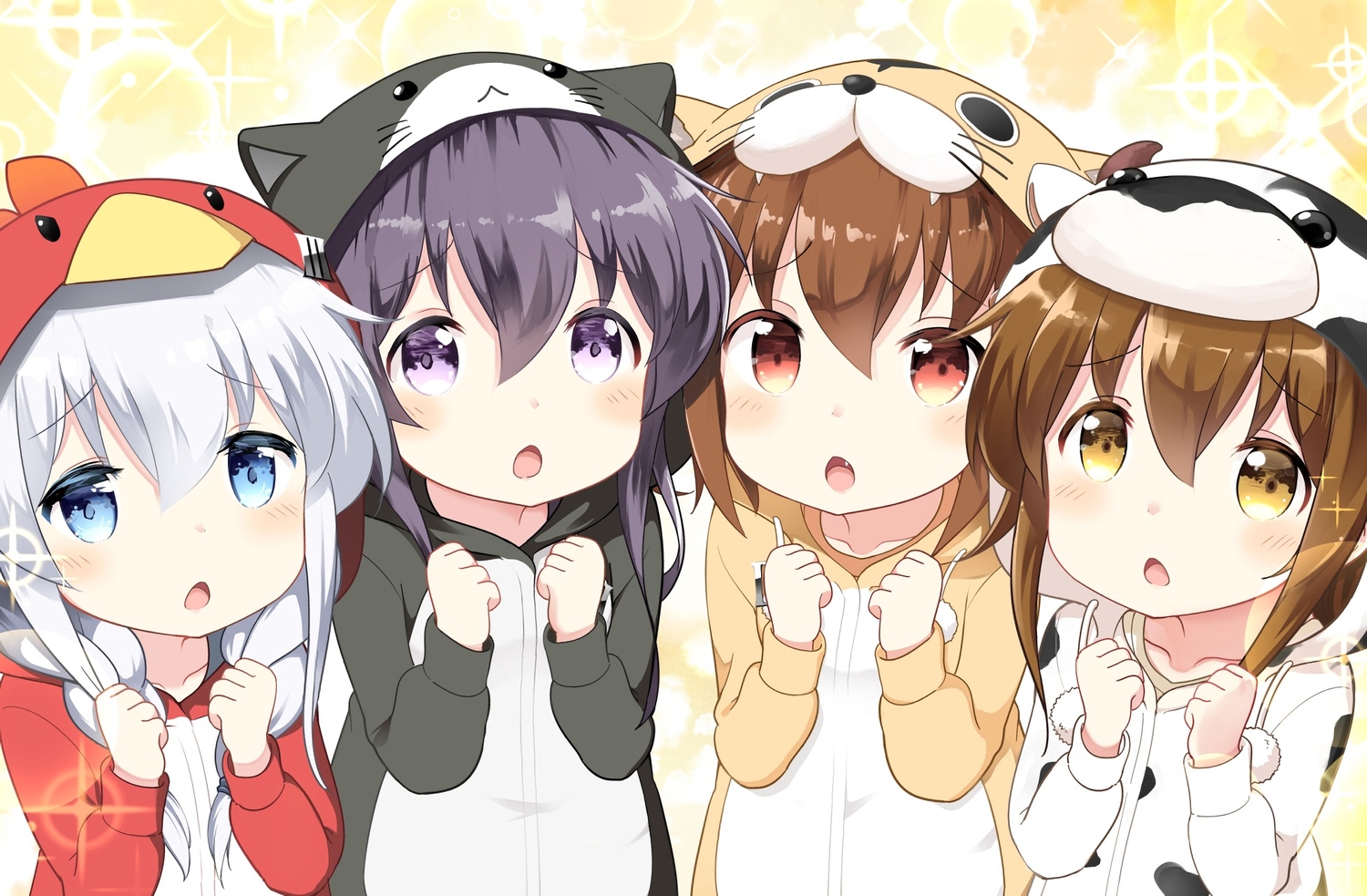 akatsuki_(kancolle), aliasing, anthropomorphism, bell_(oppore_coppore), black_eyes, blush, brown_eyes, brown_hair, group, hibiki_(kancolle), ikazuchi_(kancolle), inazuma_(kancolle), jpeg_artifacts, kantai_collection, loli, purple_eyes, purple_hair, verniy_(kancolle), waifu2x, white_hair, yellow_eyes