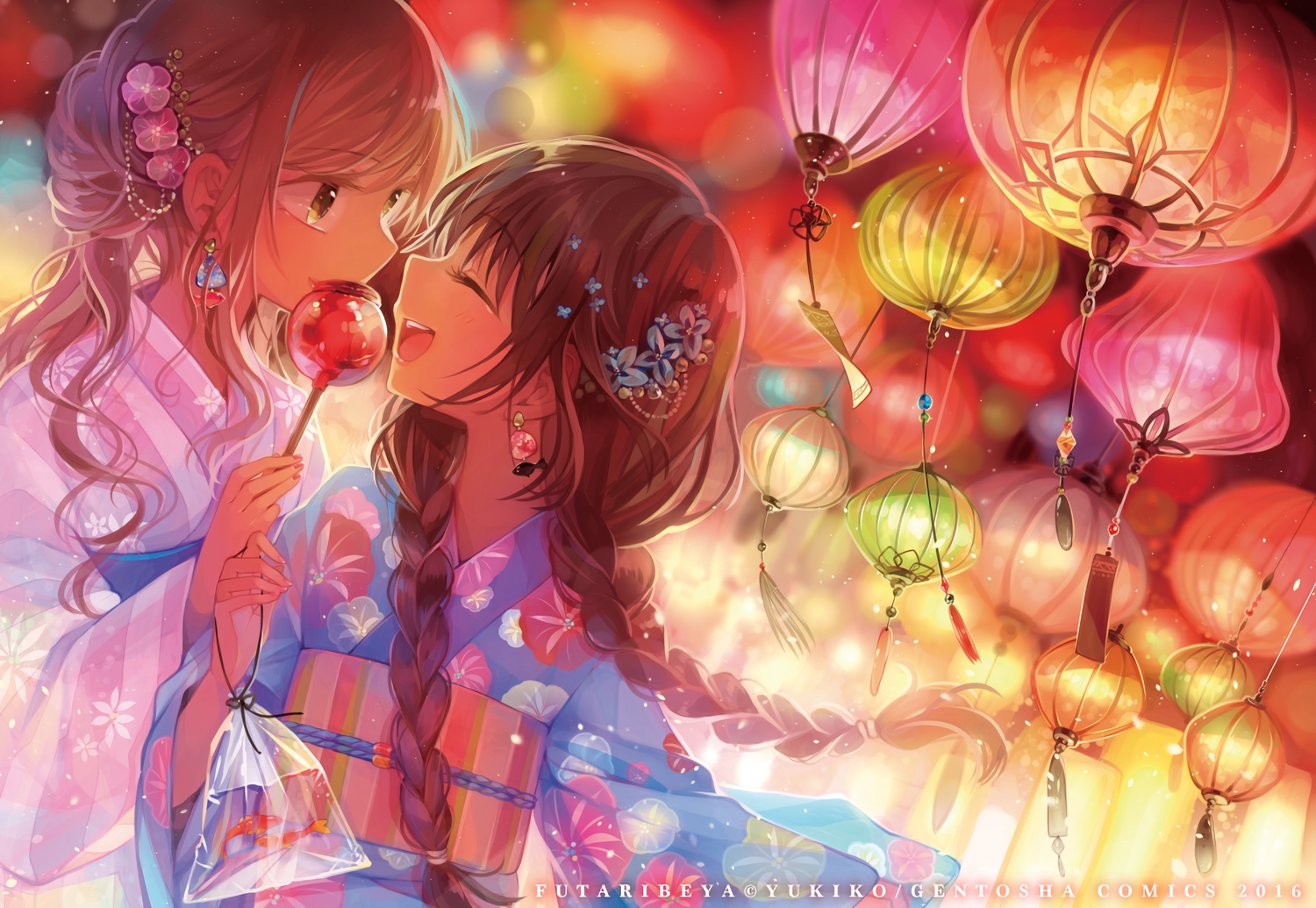 2girls, animal, apple, blonde_hair, braids, brown_hair, candy, festival