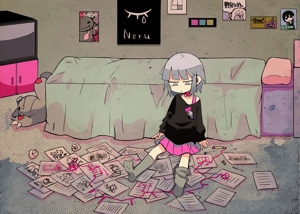 bed, censored, choker, gray_eyes, gray_hair, original, paper, polychromatic, short_hair, skirt, socks, teddy_bear, teracoot