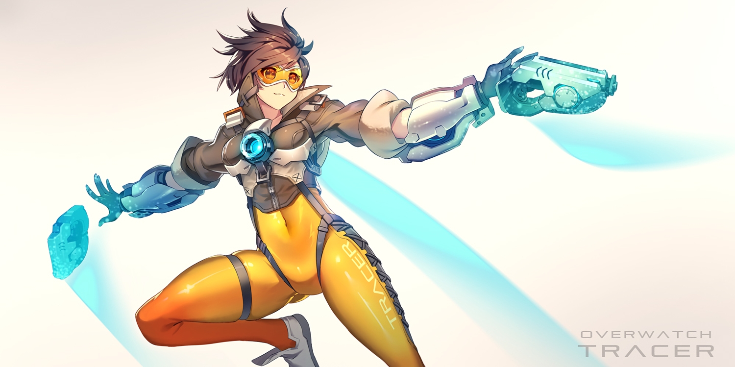 armor, bodysuit, brown_hair, gloves, goggles, gradient, gun, navel