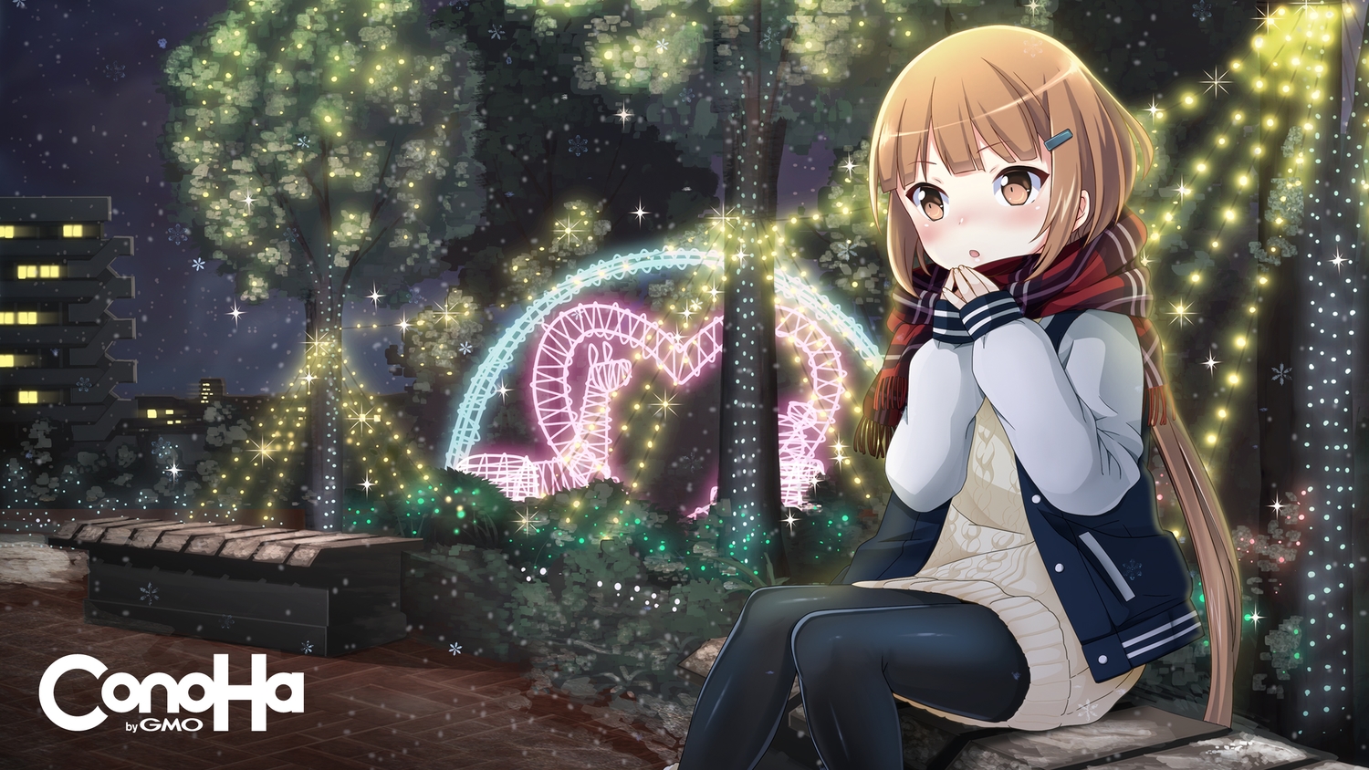 blonde_hair, blush, dress, gmo, mikumo_conoha, pantyhose, short_hair, sky