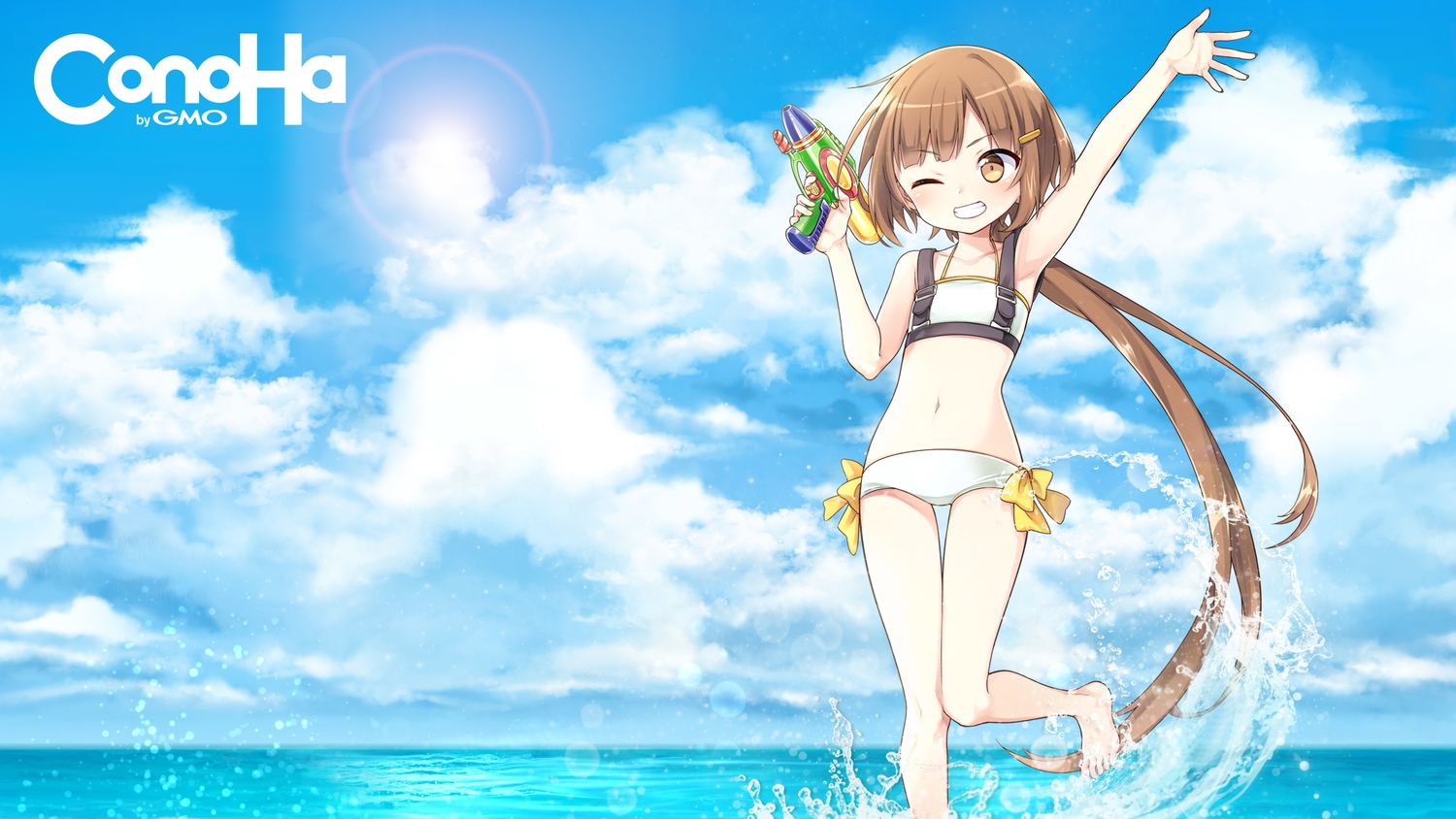 barefoot, bikini, blue, brown_eyes, brown_hair, clouds, flat_chest, gmo, gun, loli, long_hair, mikumo_conoha, navel, ponytail, sky, swimsuit, tagme_(artist), water, weapon, wink