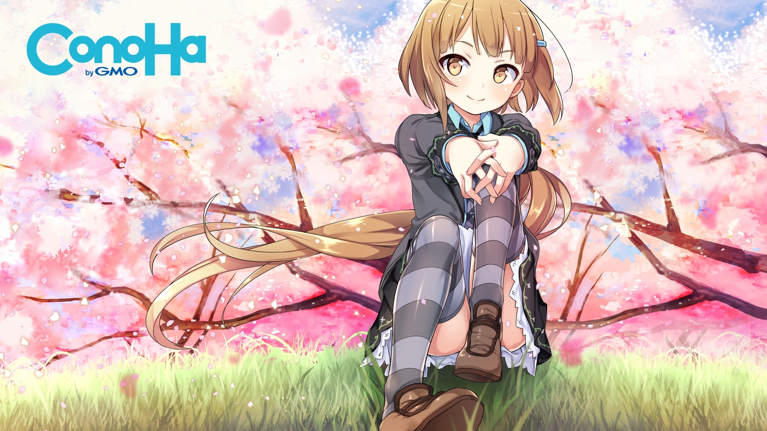 blonde_hair, gmo, mikumo_conoha, skirt, sky, tagme_(artist), thighhighs, watermark, yellow_eyes
