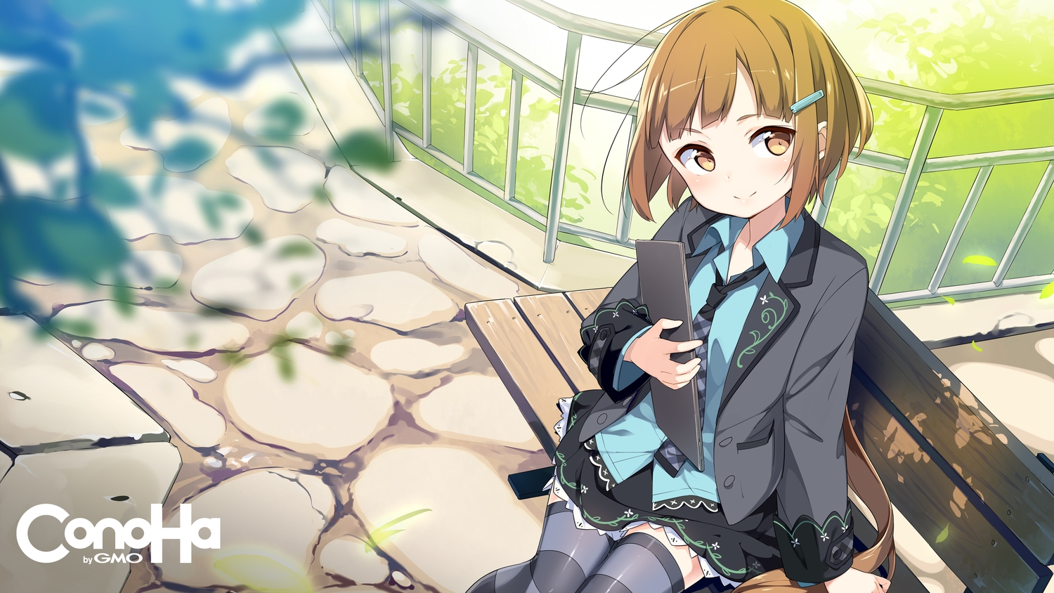 blonde_hair, brown_eyes, brown_hair, gmo, leaves, mikumo_conoha, school_uniform, short_hair