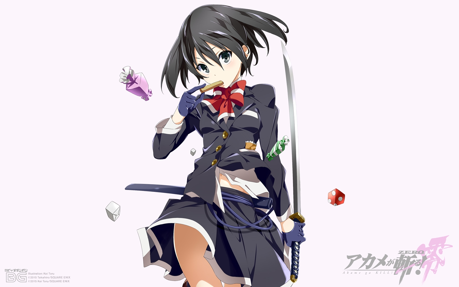 akame_ga_kill!, akame_ga_kill!_zero, black_eyes, black_hair, bow, candy, food, gloves, katana, kei_toru, kurome_(akame_ga_kill!), short_hair, sword, uniform, watermark, weapon, white