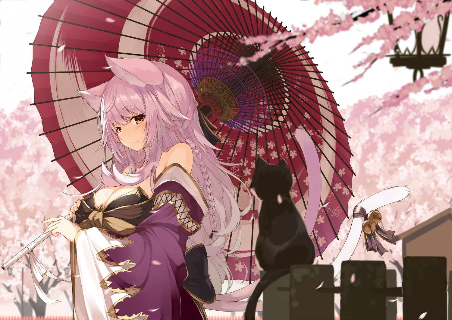 aliasing, animal, animal_ears, bandage, bell, blush, braids, breasts, cat, catgirl, choker, cleavage, long_hair, multiple_tails, original, tail, umbrella, white_hair, yellow_eyes, yuui_hutabakirage
