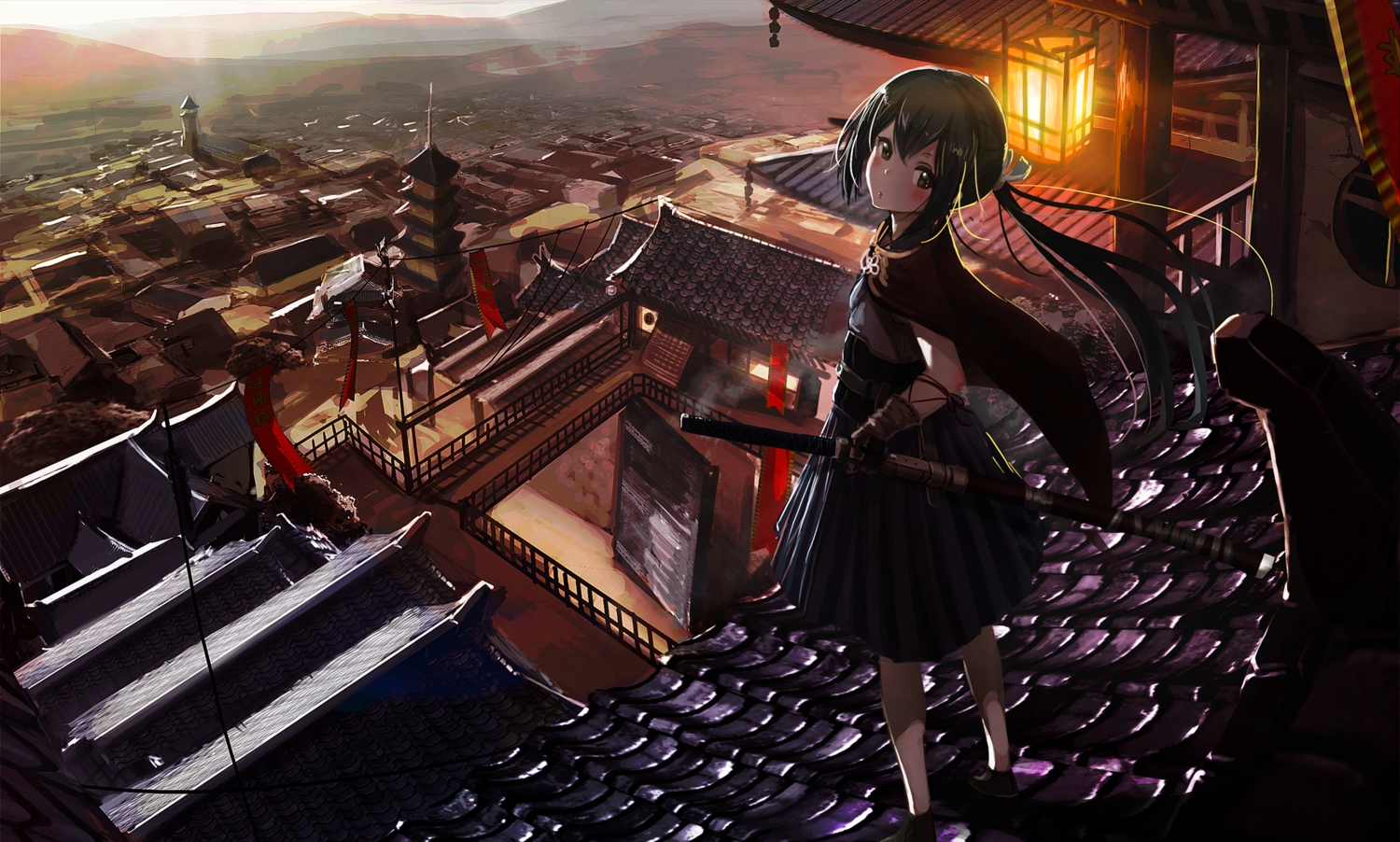 blush, brown_eyes, brown_hair, building, city, oota_youjo, original, ponytail, scenic, sword, weapon