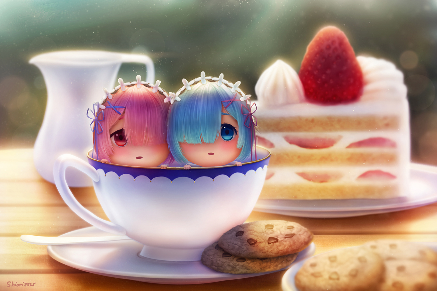 aqua_eyes, aqua_hair, cake, chibi, dej_(shiori2525), food, fruit, headdress, pink_hair, ram_(re:zero), red_eyes, rem_(re:zero), re:zero_kara_hajimeru_isekai_seikatsu, short_hair, signed, strawberry, twins
