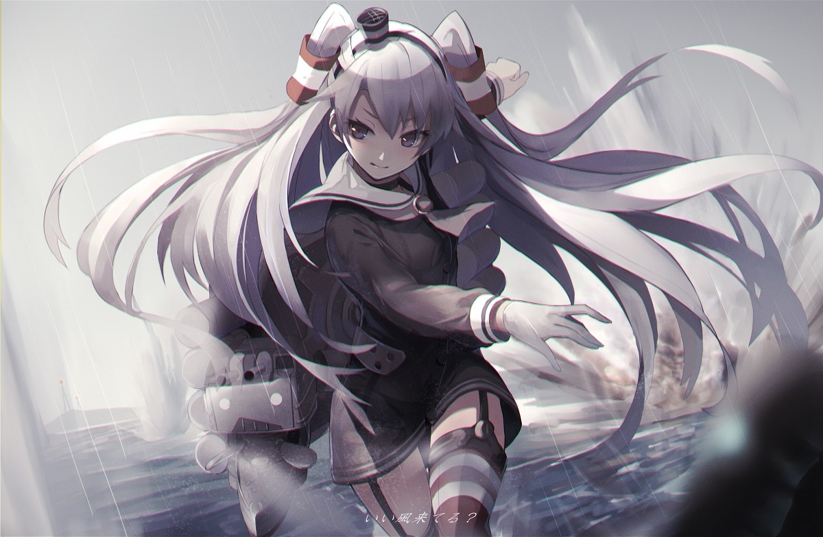 amatsukaze_(kancolle), anthropomorphism, dress, fami_(yellow_skies), garter_belt, gloves, gray_eyes, gray_hair