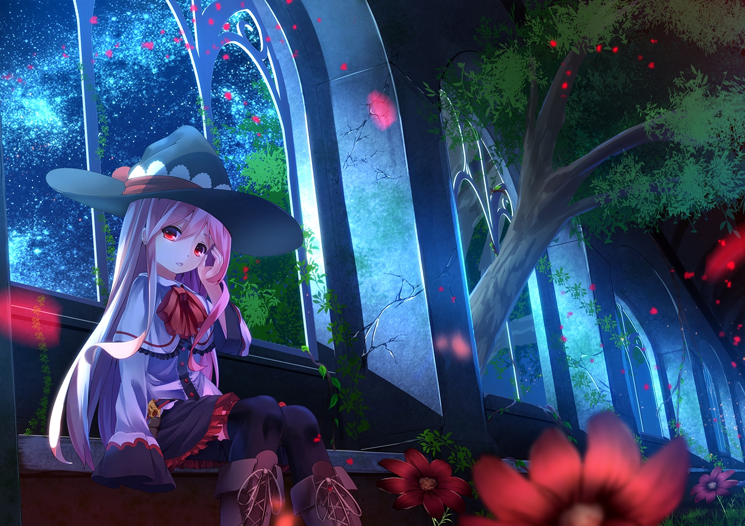boots, flowers, hat, kagayan1096, long_hair, night, original, pink_hair
